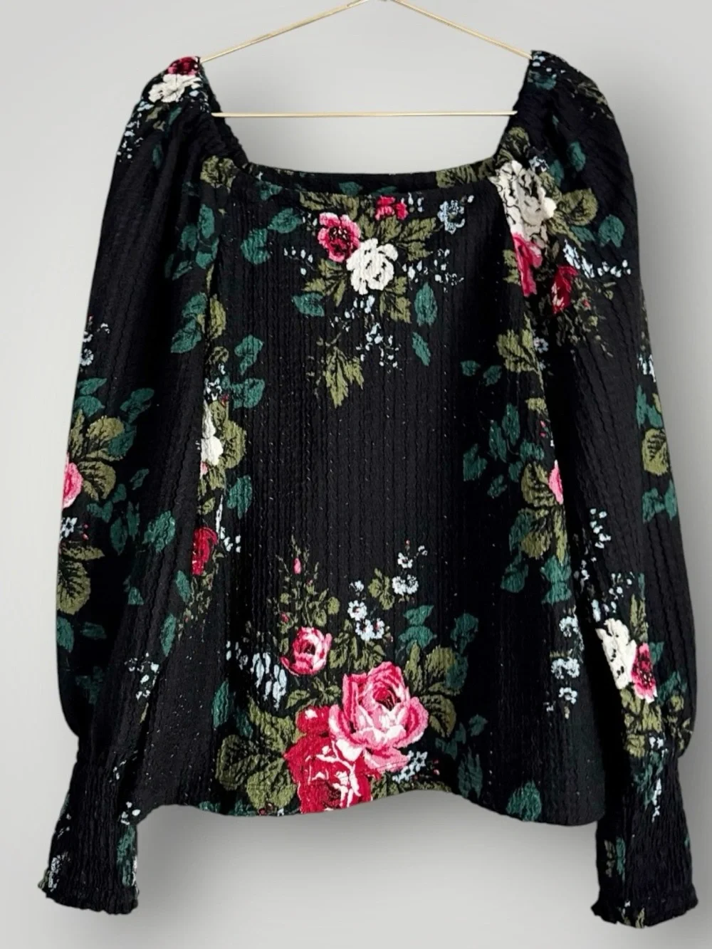 Ann Taylor LOFT Floral Square Neck Textured Knit Long Puff Sleeve Top L Black